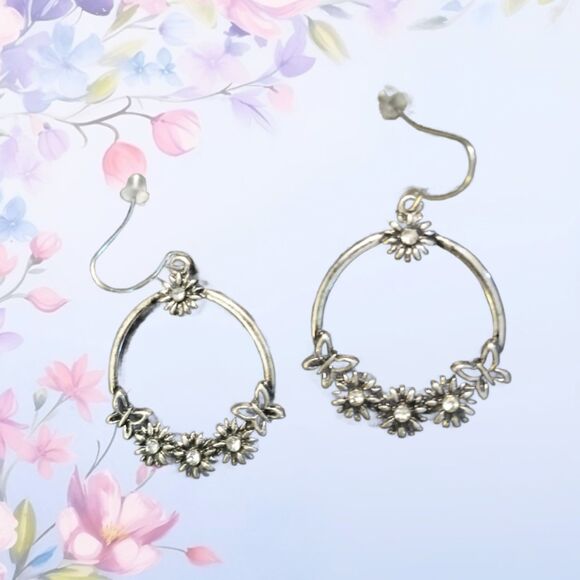 Silver Flower Hoop Earrings Floral Dangle - Picture 1 of 9
